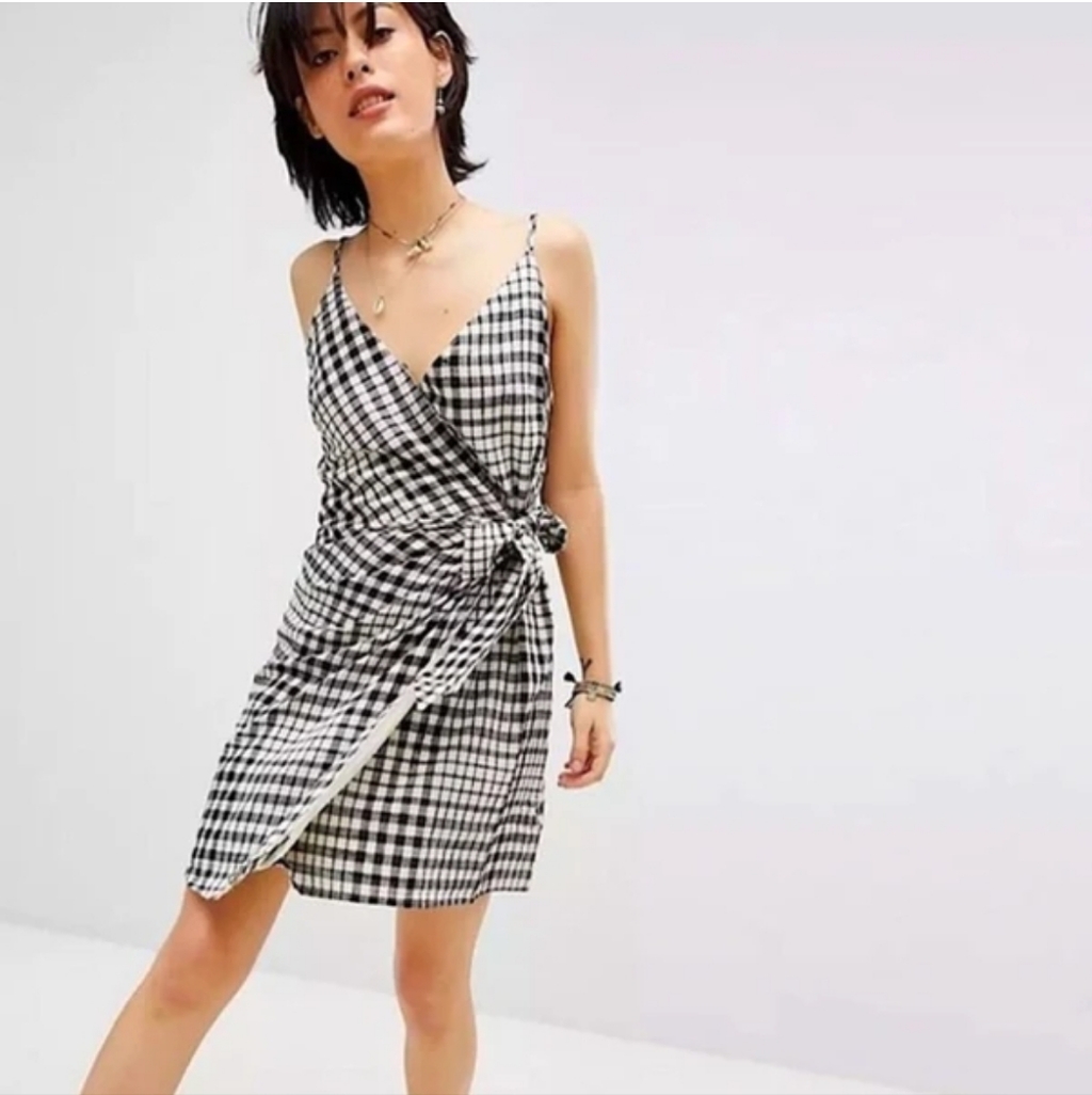 Free People Nodia Black White Gingham Wrap Mini Dress Sz M